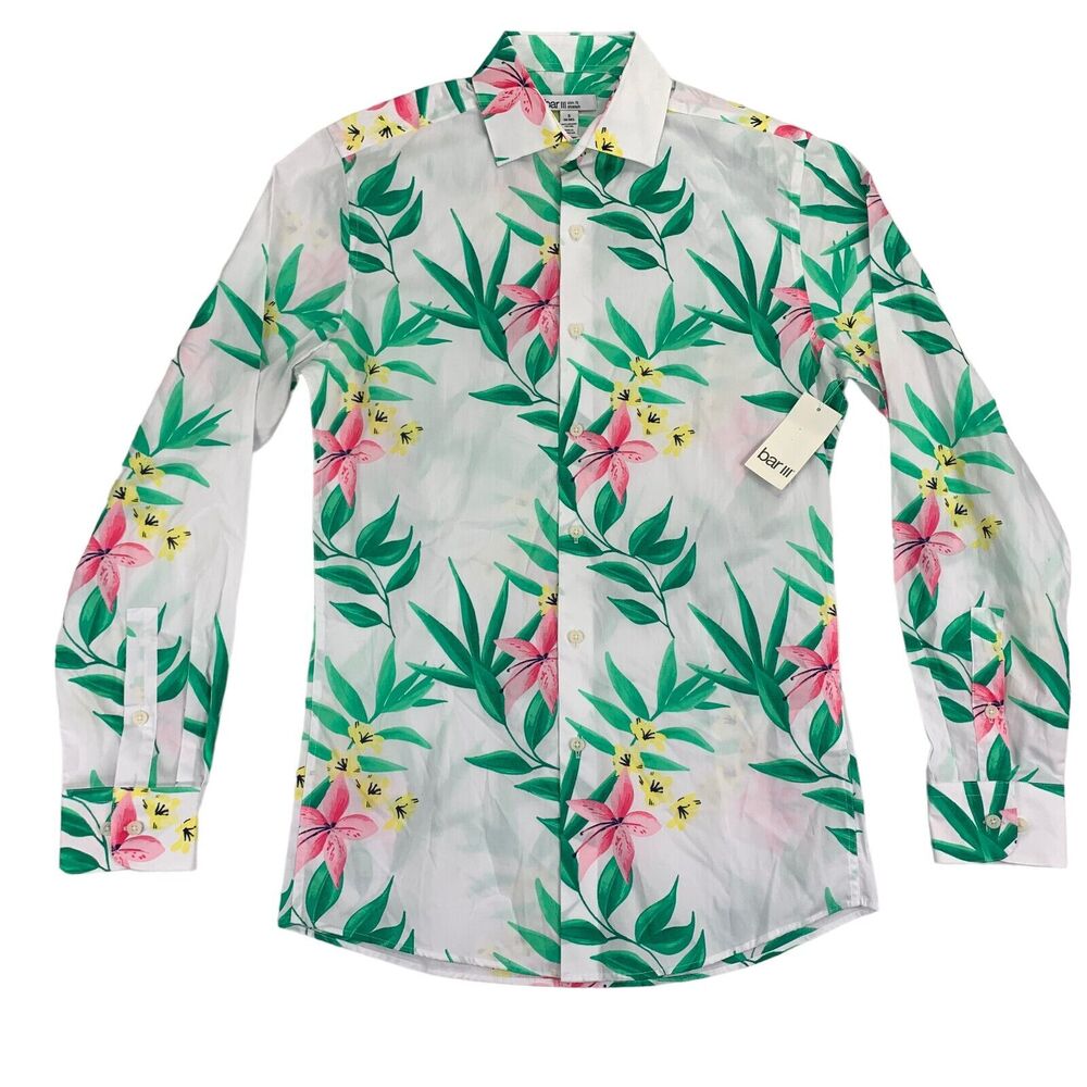 Bar III Mens Slim Fit Stretch Tropical Print Dress Shirt White Green S 14-14.5 - Picture 1 of 4